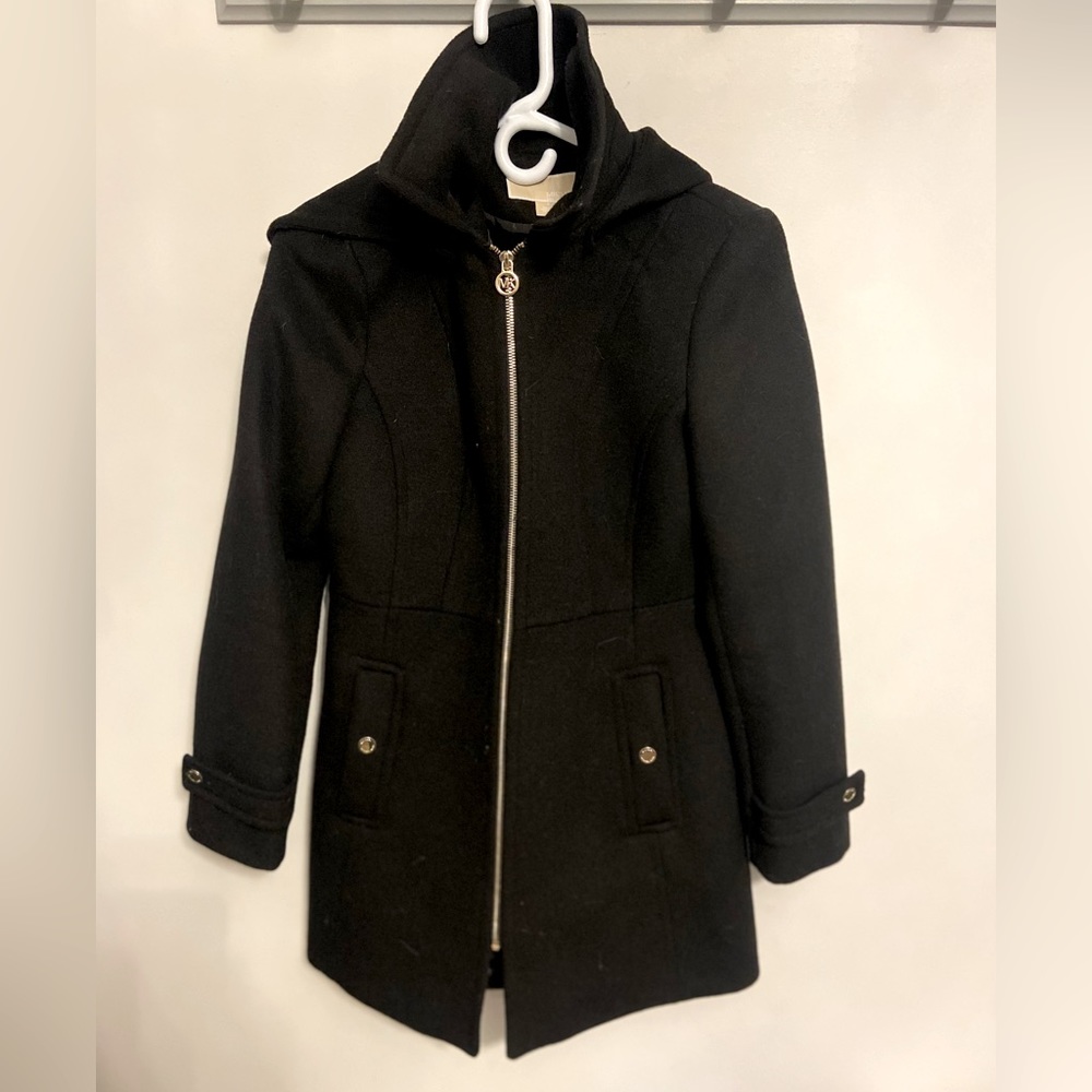 Michael Kors black trench coat. Size small. Detachable hood.